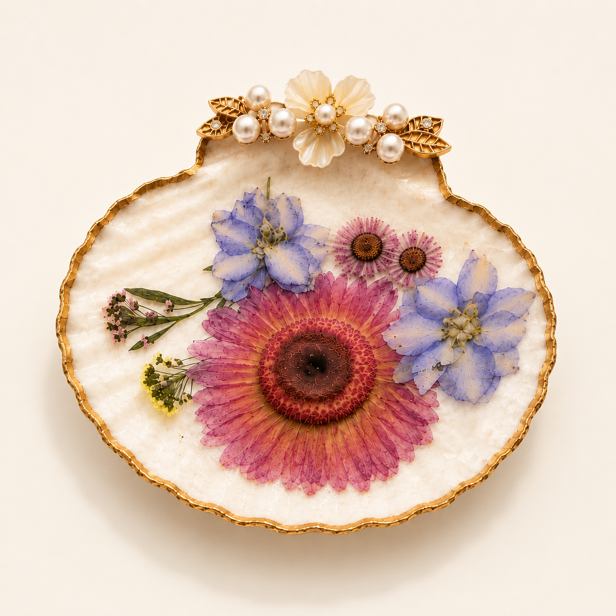 Pressed Botanical Scallop Shell Keepsake Dish